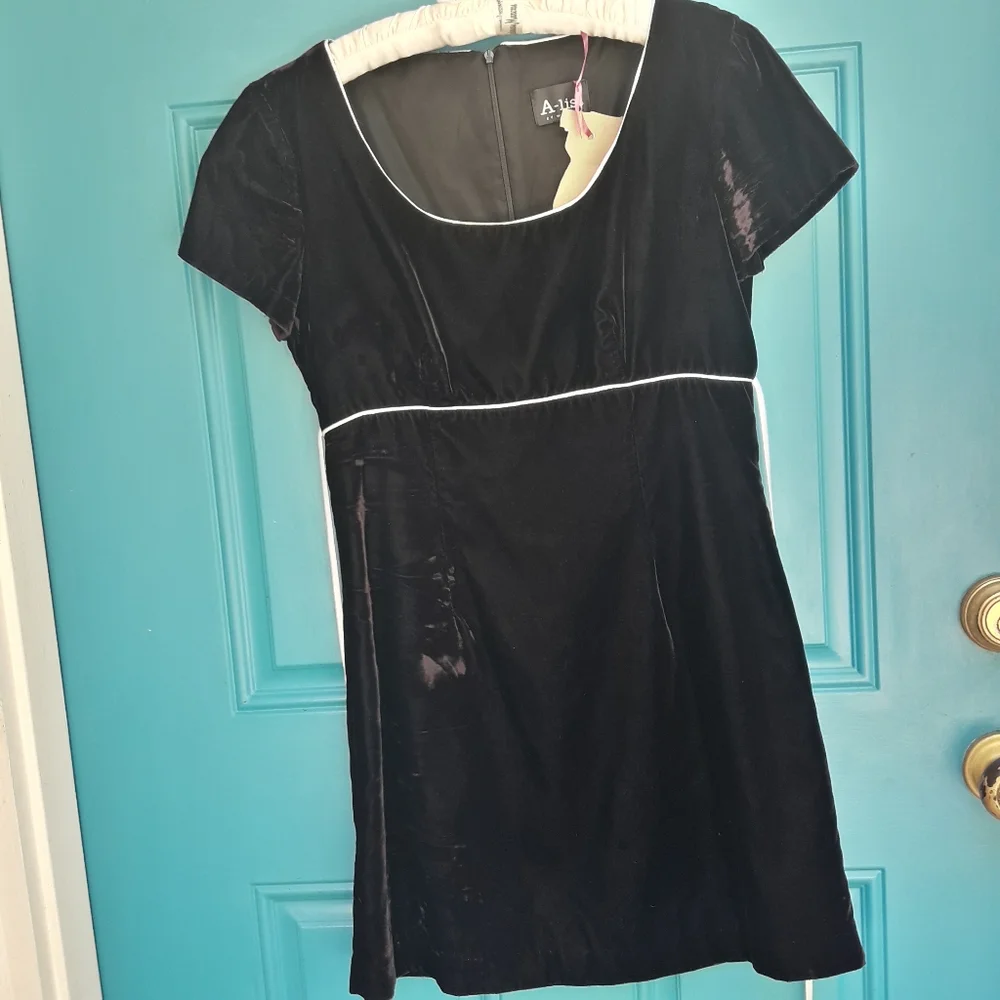 Velvet Dress Vintage Micro Mini Skirt Empire Waist Short Cap Sleeves 90s Retro - Picture 1 of 11
